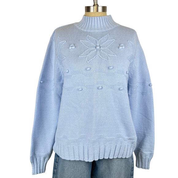 Vintage Croft and Barrow Blue Poinsetta Knitted Mock Neck Pullover Sweater (XL) - Picture 2 of 12
